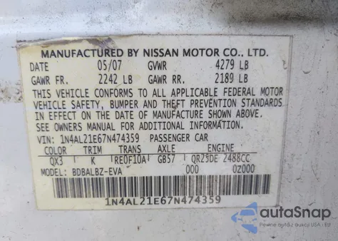 2007 Nissan Altima 2.5 S из США, поврежденный, VIN 1N4AL21E67N474359